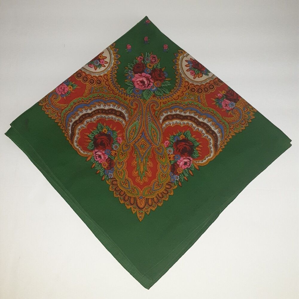 Vintage Scarf/ Table Topper Rose Floral on Emerald Green Versatile